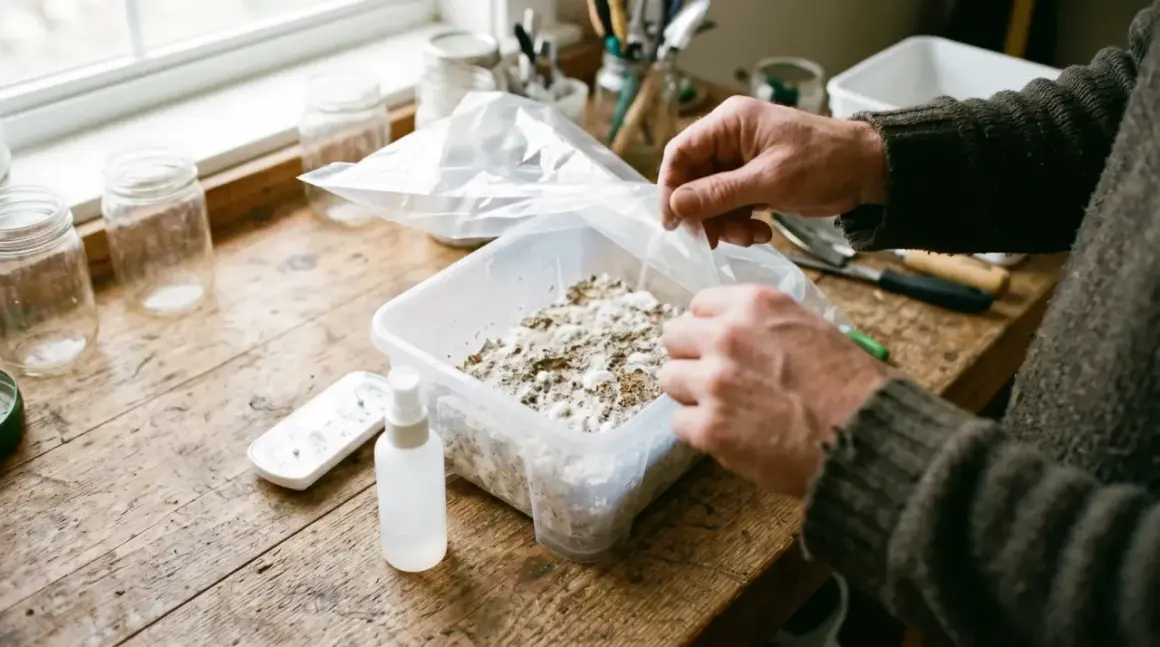 Man manipula un contenedor con sustrato para cultivar setas. El pan de setas no fructifica, pero la esperanza persiste.