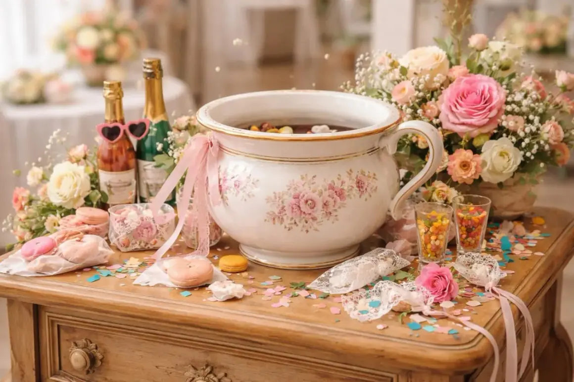 Un pot de chambre mariage décoré de fleurs roses et de rubans, entouré de bonbons, macarons et de bouteilles de champagne.