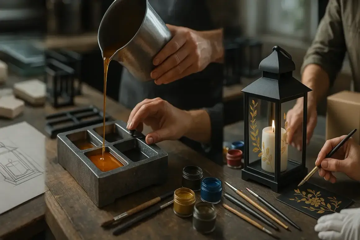 Tworzenie znicza: płynny wosk wlewany do formy, obok gotowy znicz w lampionie i artysta malujący ozdobę.