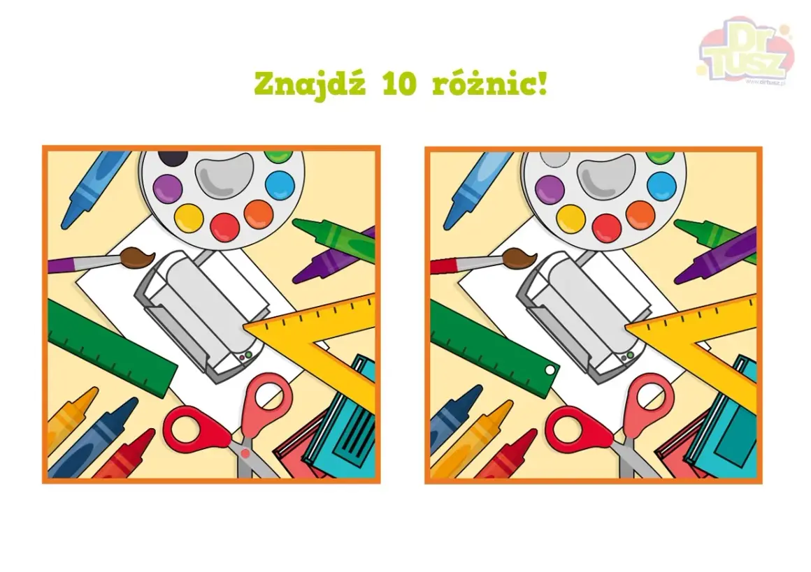 Dwie identyczne ilustracje z przyborami szkolnymi. Znajdź 10 różnic dla dzieci, bawiąc się i ćwicząc spostrzegawczość.