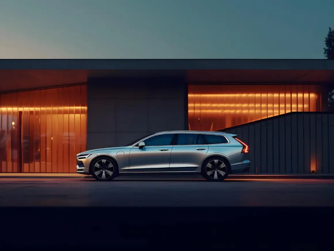 Srebrne Volvo V60 z hybrydowym silnikiem T8 zaparkowane przed nowoczesnym budynkiem z pomarańczowym podświetleniem.