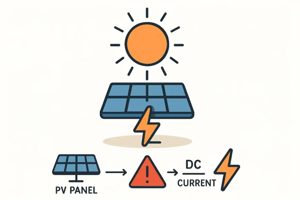 Sonnenlicht trifft PV-Panel, erzeugt Strom. Achtung: Gleichstrom kann einen Stromschlag verursachen.