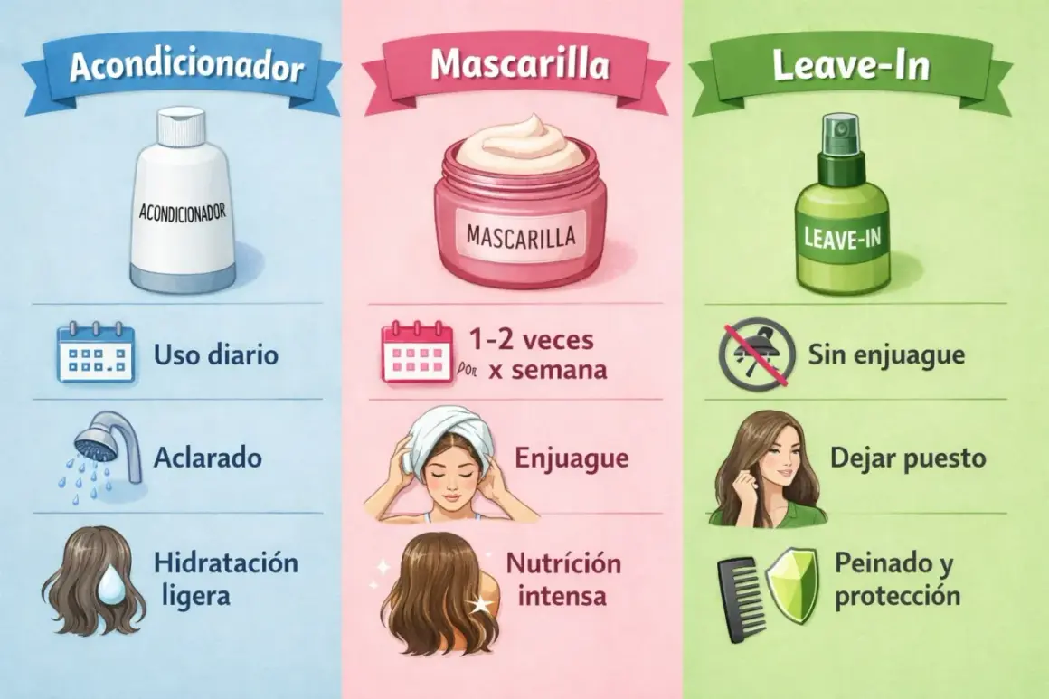 Ilustración compara la diferencia entre acondicionador (uso diario, aclarado, hidratación ligera), mascarilla (1-2 veces/semana, enjuague, nutrición intensa) y leave-in (sin enjuague, dejar puesto, peinado y protección).