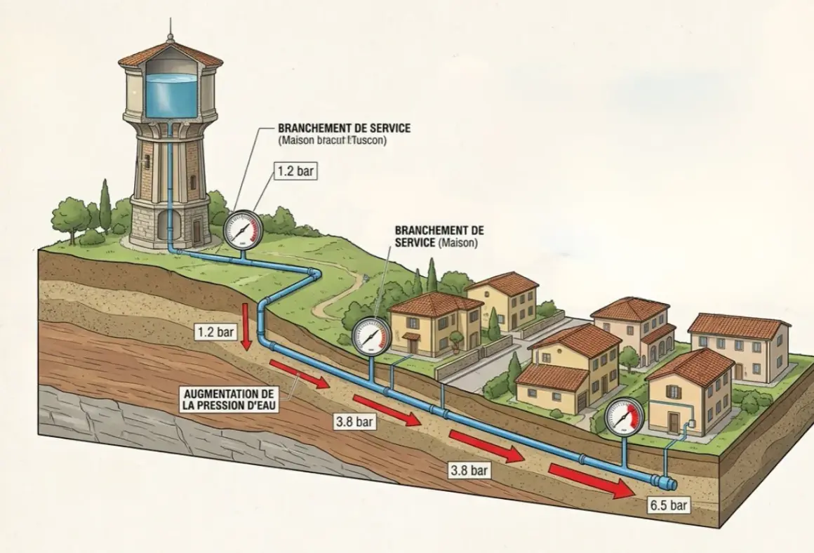 Schéma illustrant quelle pression d'eau pour une maison, de la tour d'eau aux habitations. La pression augmente dans les canalisations souterraines.