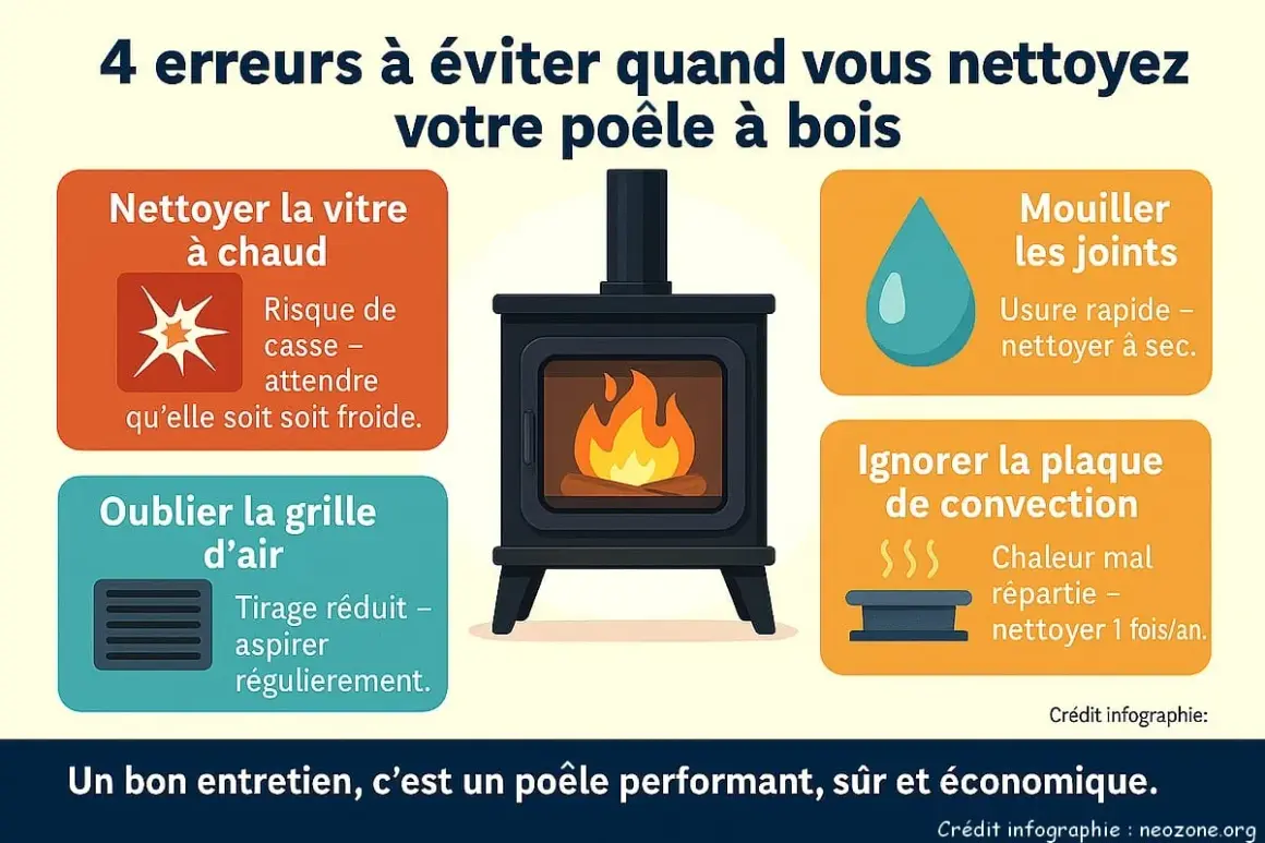 Infographie sur l'entretien d'un poêle à bois, montrant une cheminée et 4 erreurs à éviter, dont la sortie fumée poele a bois.