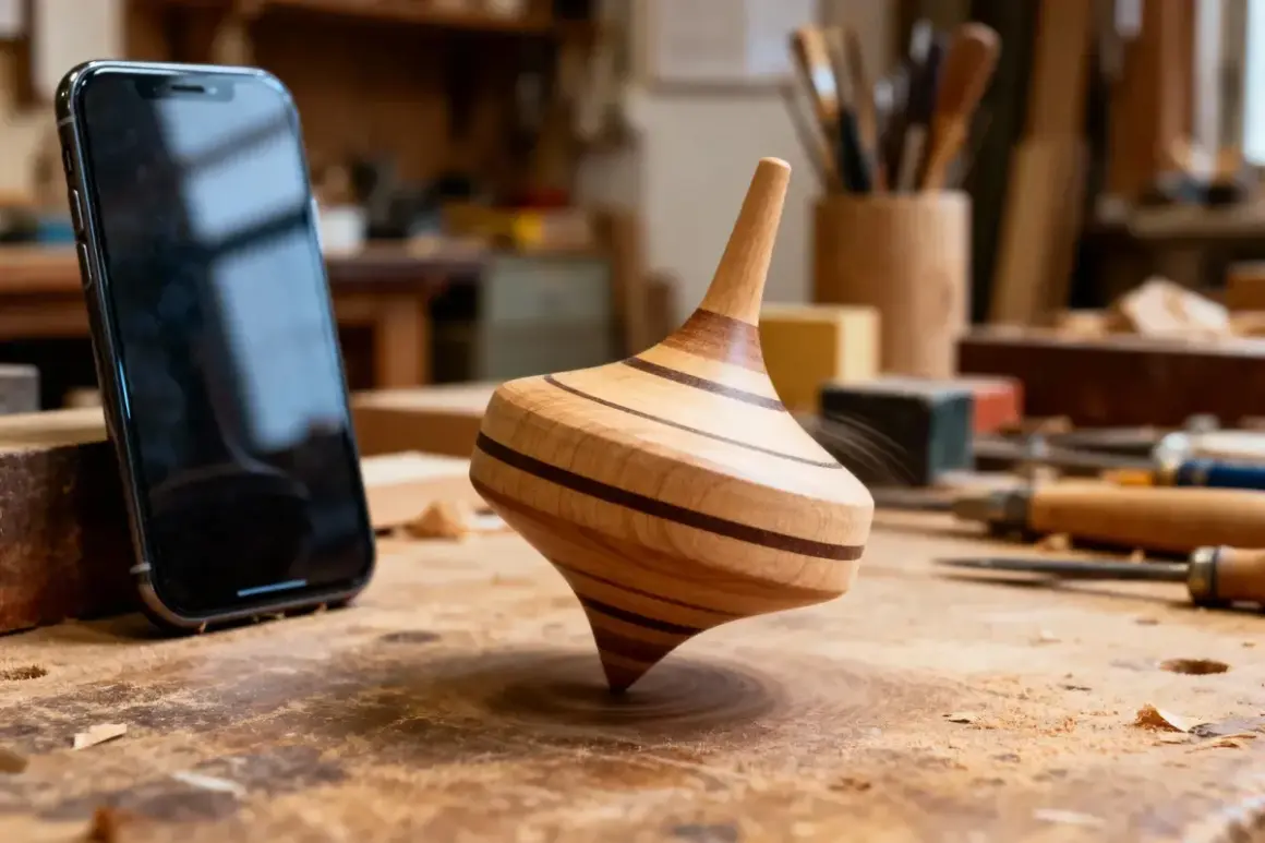 Une toupie en bois, chef-d'œuvre d'ébénisterie, tourne sur un établi. À côté, un smartphone, symbole de la technologie moderne.
