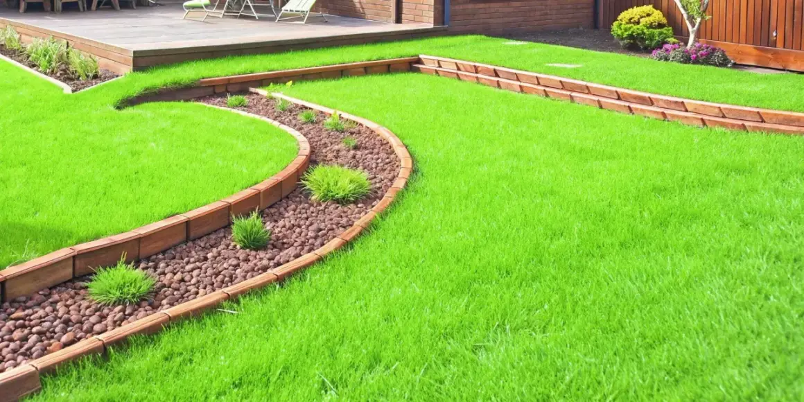 Curving wooden borders define a lush green lawn, showcasing creative landscape border ideas with a pebble-filled garden bed.