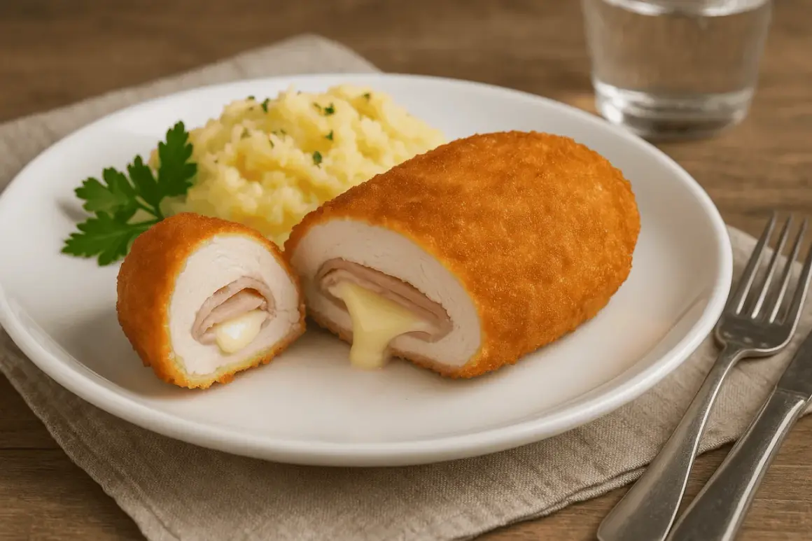 Pyszne cordon bleu przepis: panierowany kotlet z kurczaka z szynką i serem, podany z puree ziemniaczanym i natką pietruszki.
