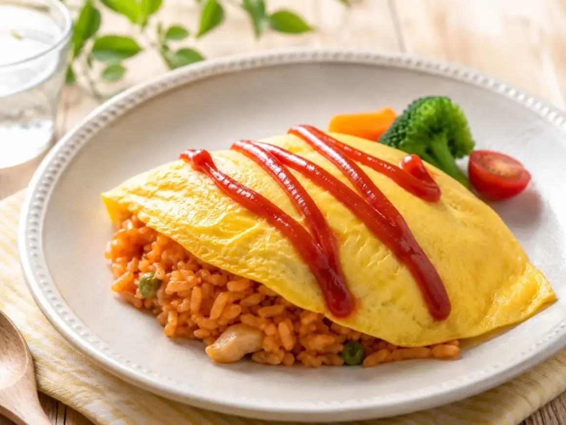 Ein Omelett mit gebratenem Reis, garniert mit Ketchup. Ein köstliches Gericht, das von vielen asiatischen Rezepten inspiriert ist.