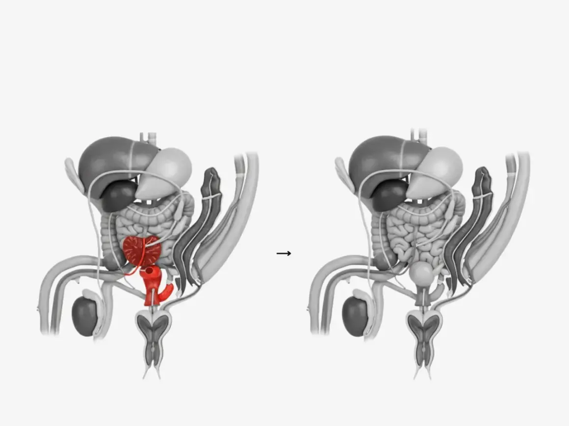 Anatomische Darstellung: Vorher (Prostata rot hervorgehoben) und nach der Prostataentfernung.