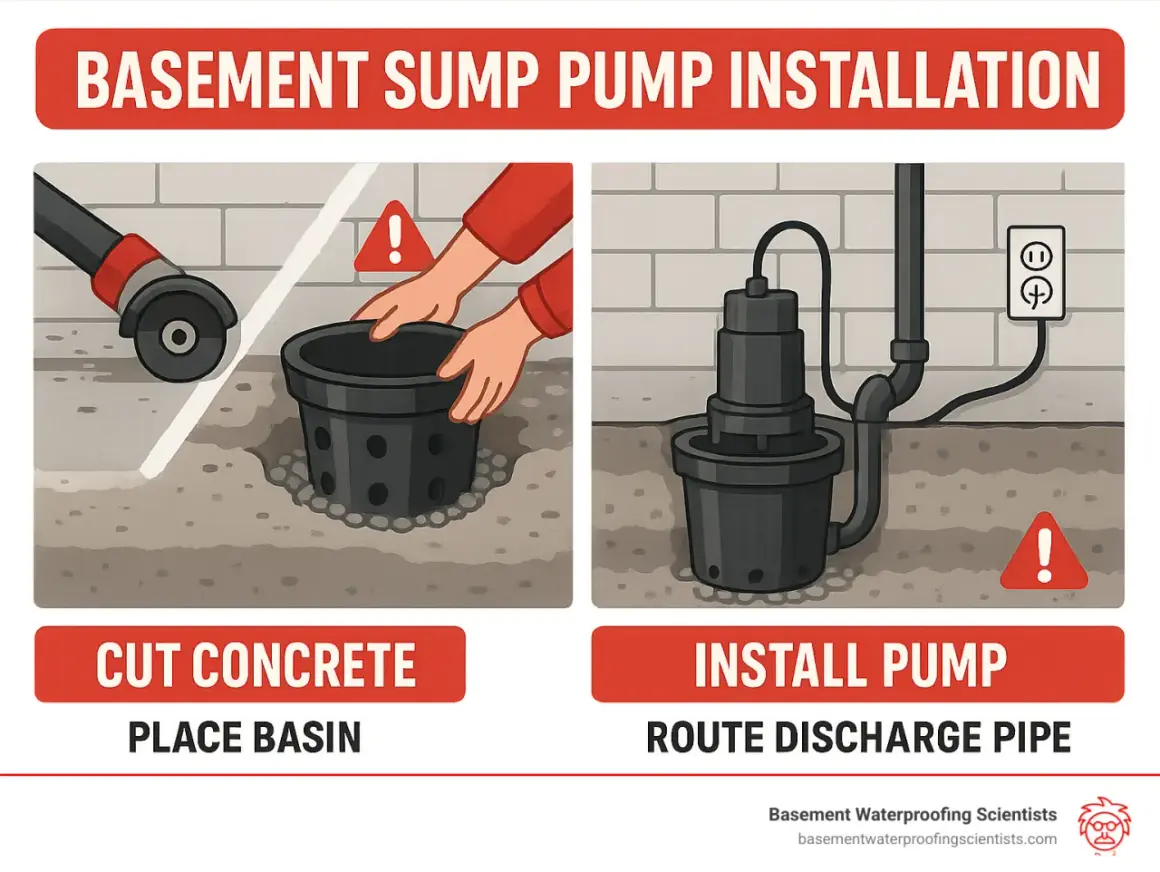 Illustration shows steps for sump pump installation: cutting concrete, placing the basin, installing the pump, and routing the discharge pipe.
