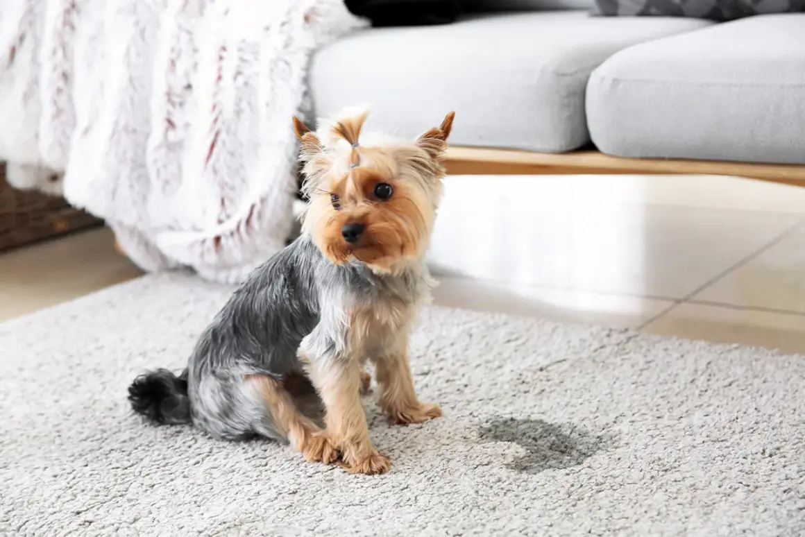 Petit Yorkie assis sur un tapis, une tache d'urine à côté. Il fait pipi comme une femelle, quel petit coquin !
