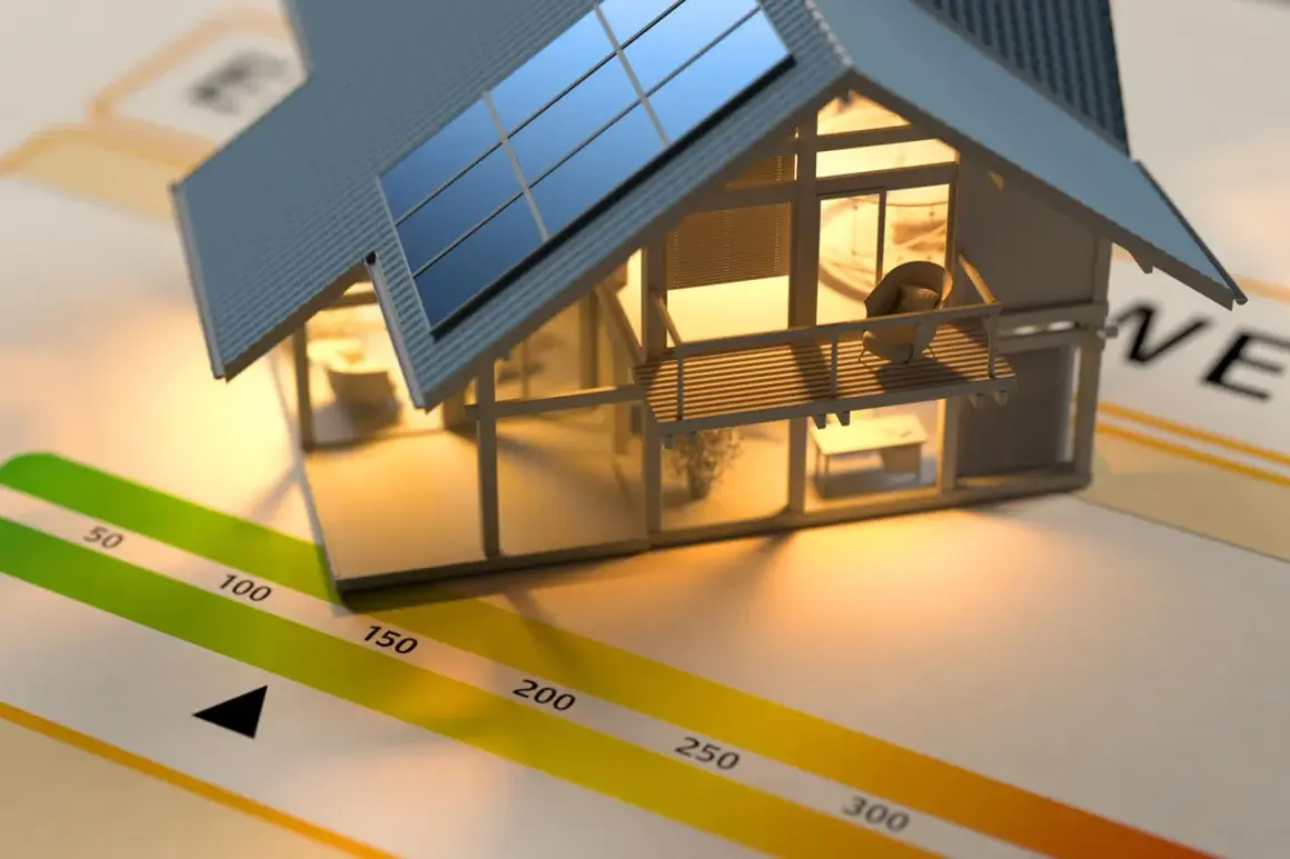 Maquette de maison avec panneaux solaires sur un graphique d'étiquette énergie. Le DPE est essentiel pour savoir que faire.