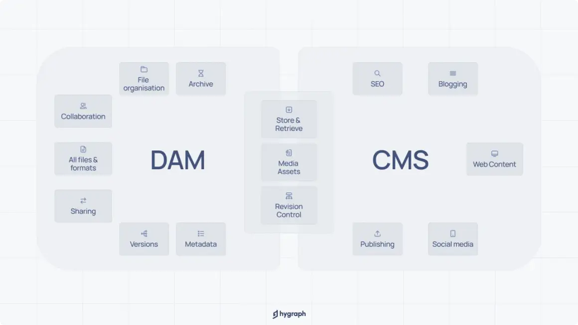 Diagram showing DAM and CMS platform features, including file organization, collaboration, media assets, SEO, blogging, and web content publishing.