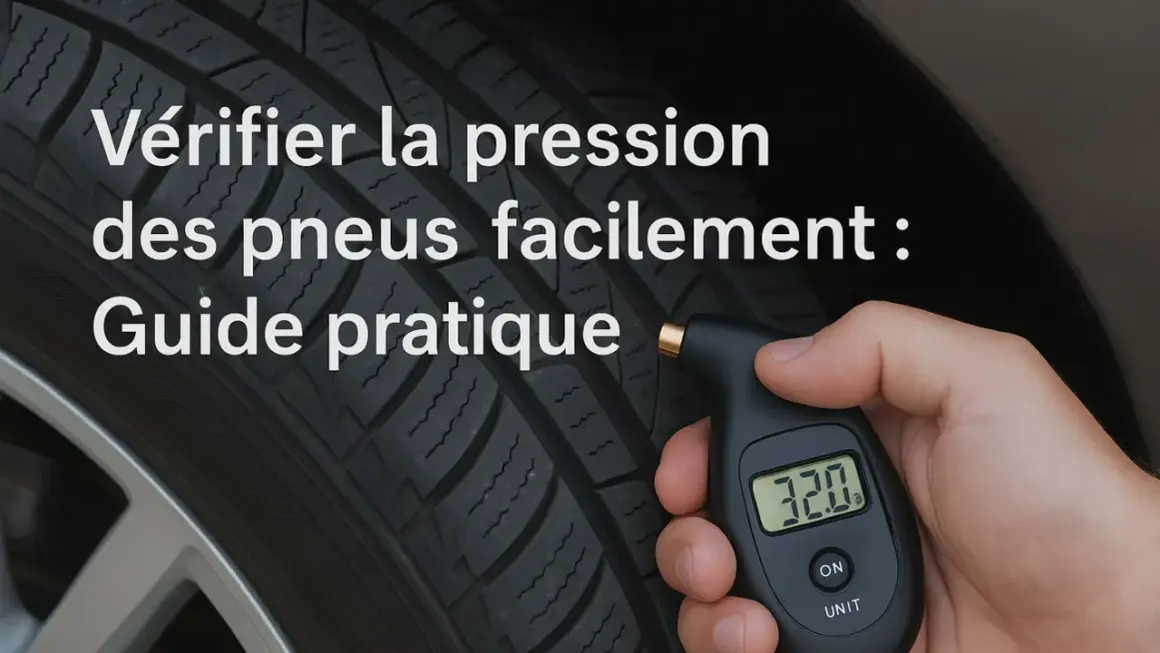Main d'une personne utilisant un appareil pour vérifier le tableau pression pneu voiture. Le pneu est visible en arrière-plan.