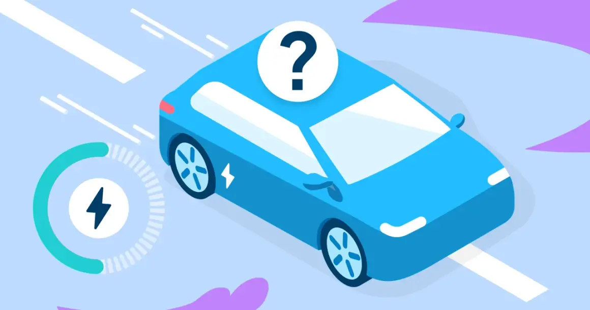 Une voiture électrique bleue avec un point d'interrogation sur le toit, et un indicateur de charge en mouvement. Est-ce une voiture électrique recharge en roulant ?