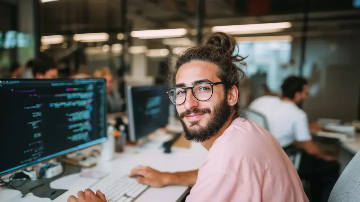 Ein junger Mann mit Brille und Dutt sitzt vor einem Computer, auf dem Code zu sehen ist. Er studiert Informatik an der Fernuni und lächelt in die Kamera.