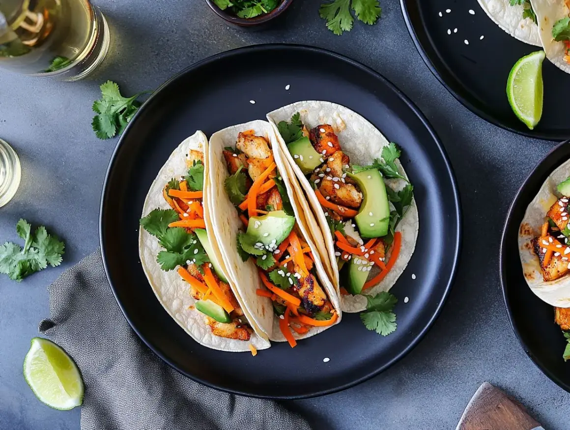 Tre läckra asiatiska tacos med kyckling, avokado, strimlad morot och koriander på en svart tallrik.