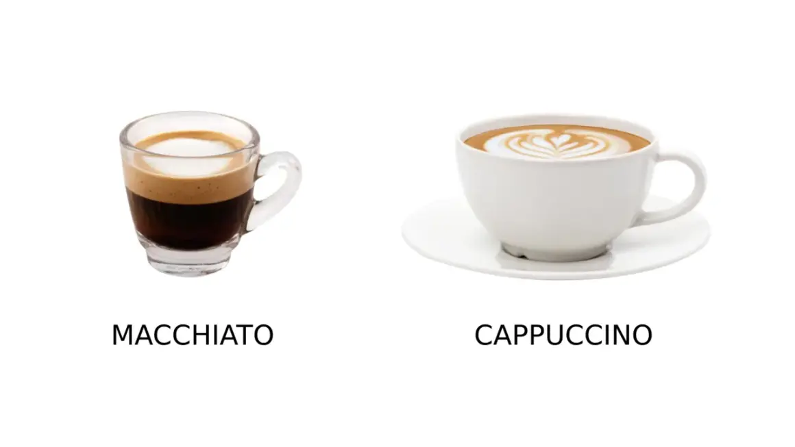 En liten macchiato i glas och en större cappuccino med lattekonst i vit kopp.