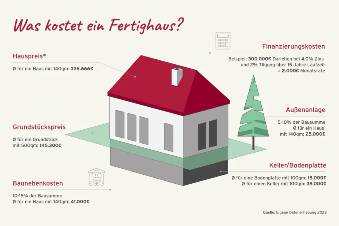 Illustration eines Hauses mit Kostenaufschlüsselung für Hauspreis, Grundstück, Außenanlage und Keller.