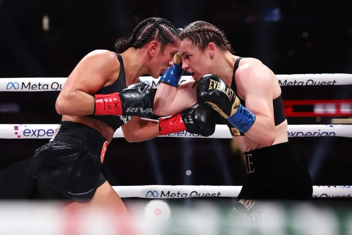 Two professional female boxers clash heads in the ring, their faces intense as they block punches.