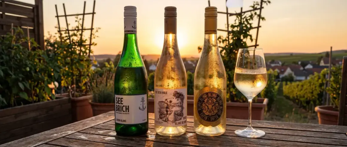 Drei Flaschen Wein und ein Glas stehen auf einem Holztisch. Im Hintergrund ein Weinberg bei Sonnenuntergang. Ein leichter Muskat Wein wäre hier perfekt.