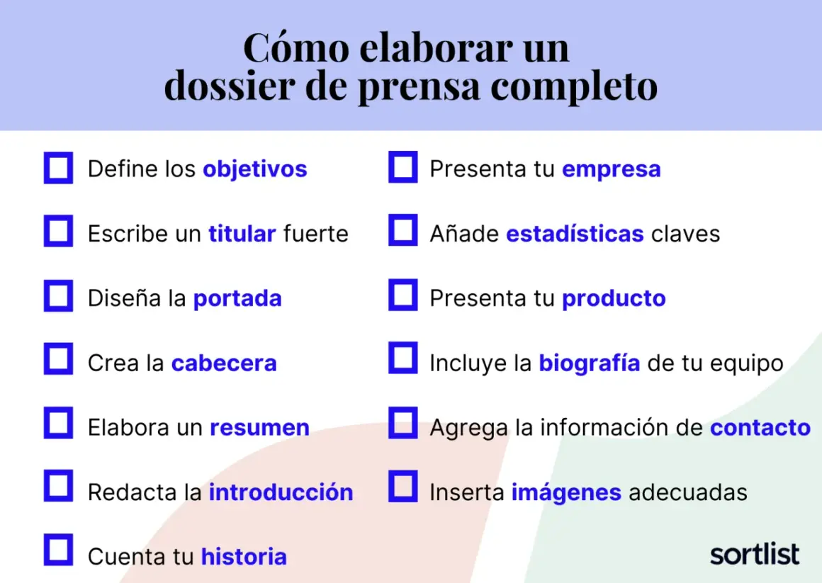 Lista de pasos para crear un dossier de prensa completo: define objetivos, titular, portada, resumen, introducción, historia, empresa, estadísticas, producto, biografía, contacto e imágenes.