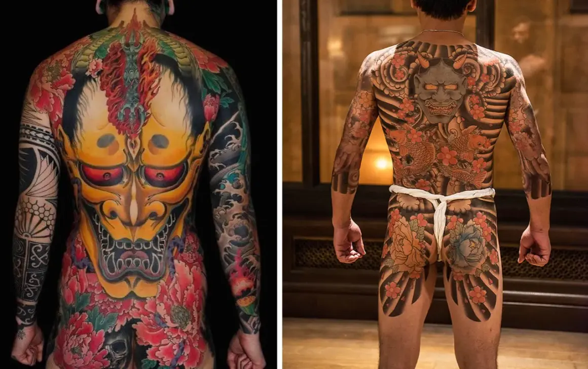 Zwei Männer mit beeindruckenden Ganzkörper-Tattoos im japanischen Tattoo Stil. Links ein gelbes Dämonengesicht mit roten Augen, rechts eine Maske mit Koi-Karpfen und Kirschblüten.
