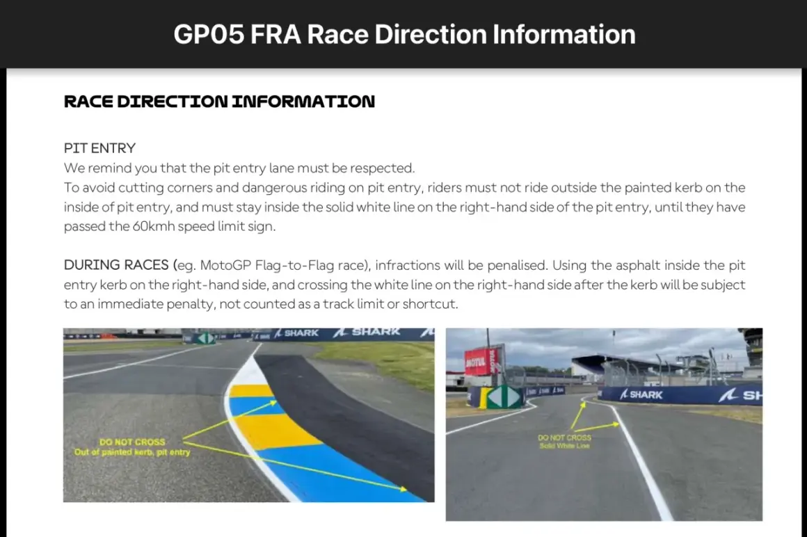 Dos imágenes de la entrada al pit lane de MotoGP. Una muestra la curva con marcas amarillas y azules, la otra la salida del pit lane con una línea blanca.