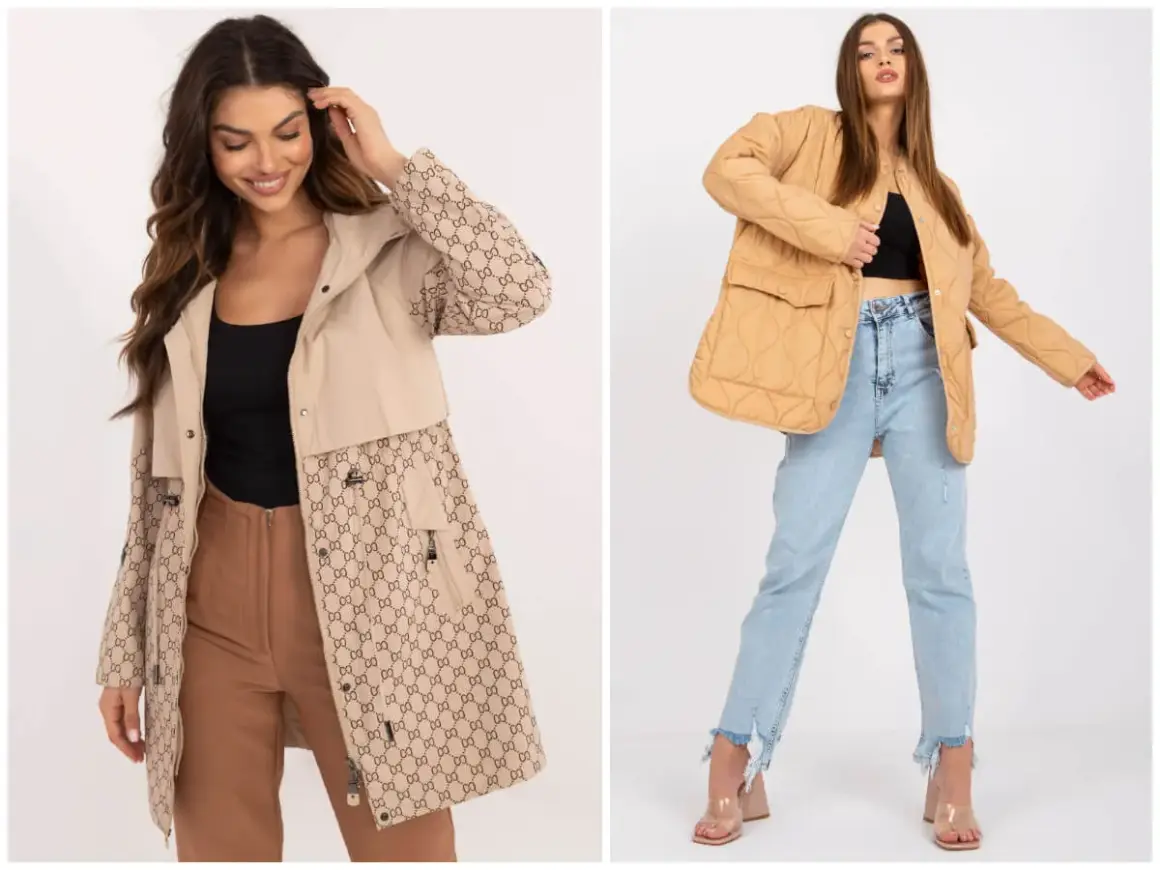 Dwie kobiety prezentują stylowe kurtki wiosenne damskie plus size. Jedna w beżowej kurtce z monogramem, druga w pikowanej, karmelowej.
