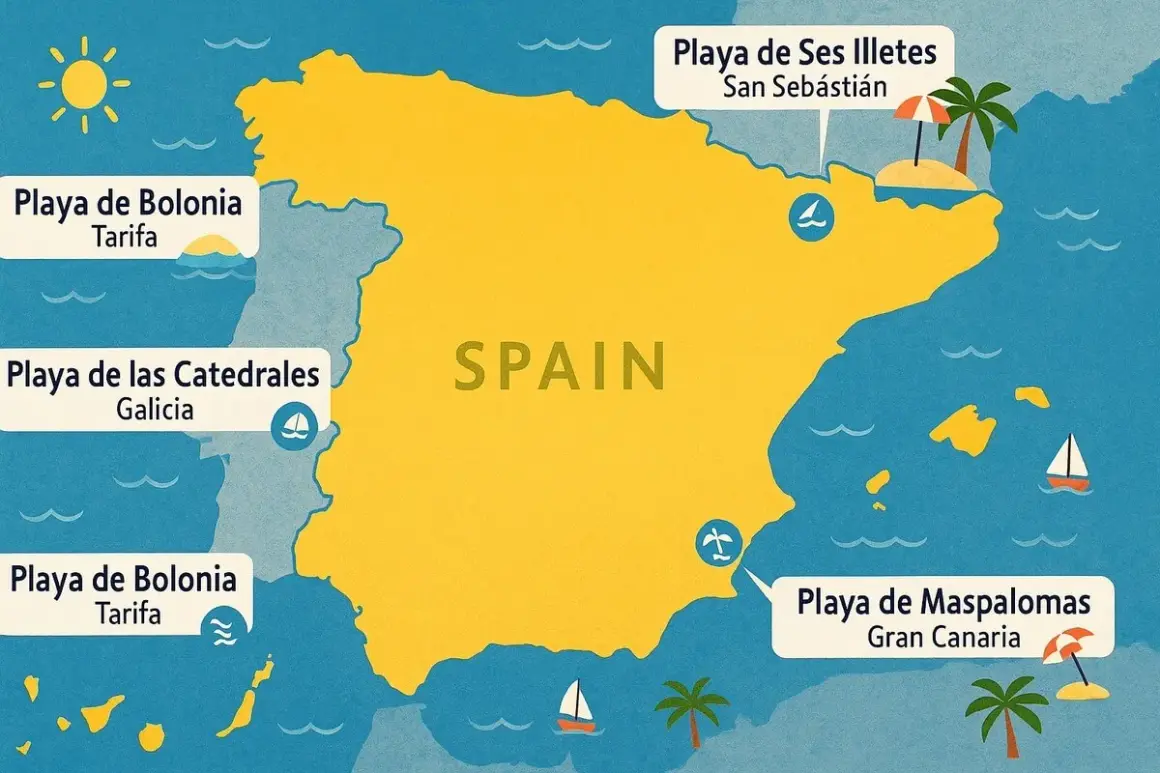 Mapa Hiszpanii z zaznaczonymi plażami w różnych regionach: Playa de Bolonia, Playa de las Catedrales, Playa de Ses Illetes, Playa de Maspalomas.
