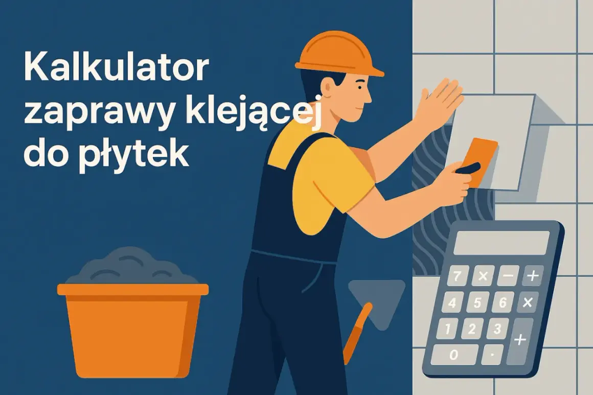 Ilustracja: pracownik kładzie płytki, obok wiadro z zaprawą, kielnia i kalkulator.