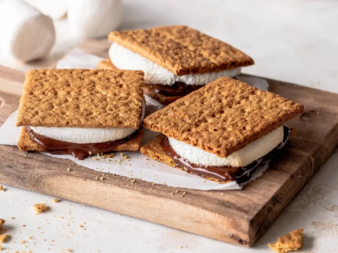 Drei S'mores Cookies mit geschmolzener Schokolade und Marshmallows auf einem Holzbrett.