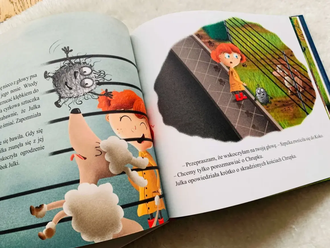 Ilustracje z książki "książki na spostrzegawczość dla dzieci". Julka i pies Szpulka rozmawiają o Chrupku.