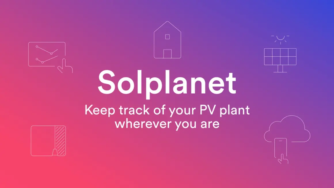 Solplanet: śledź swoją instalację PV z dowolnego miejsca. Ikony domu, panelu słonecznego, wykresów i chmury z telefonem.