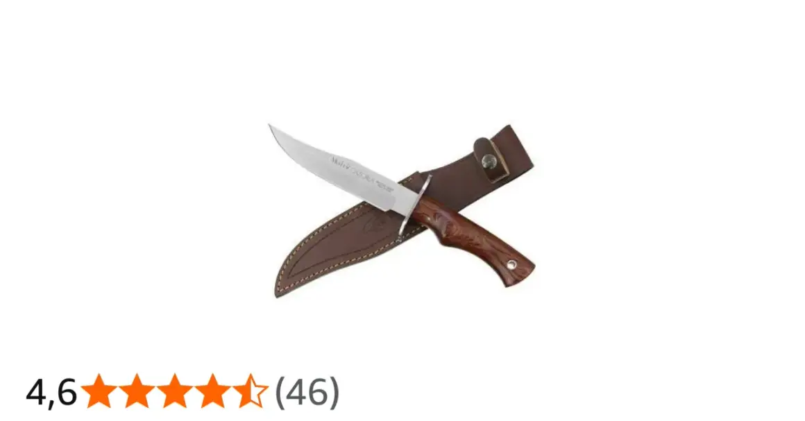 Cuchillo con mango de madera de muela marrón y funda de cuero.