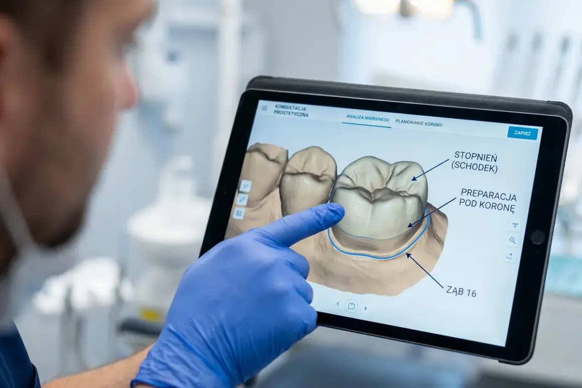 Dentysta w niebieskiej rękawiczce pokazuje na tablecie spiłowane zęby pod korony, analizując preparację.
