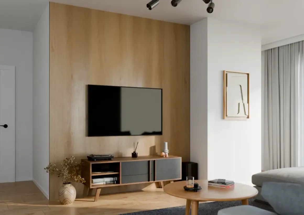 Nowoczesny salon z dominującą ścianą z desek, na której wisi telewizor. Obok stoi komoda z dekoracjami.