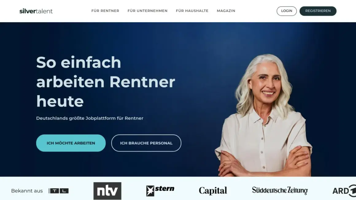 Engagierter Ruhestand: Eine lächelnde Seniorin wirbt für die Jobplattform "silvertalent", die Rentnern neue Möglichkeiten bietet.