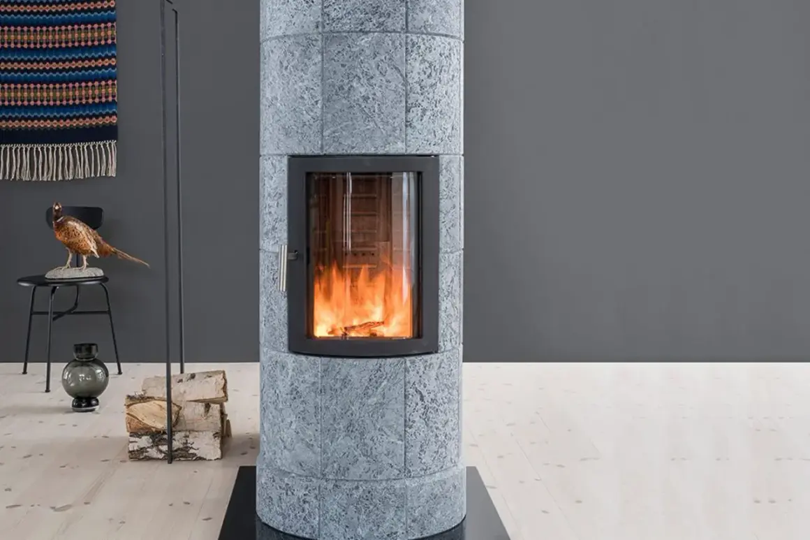Poêle en pierre ollaire aux flammes vives, avec une décoration de faisan et de bois de chauffage à proximité.