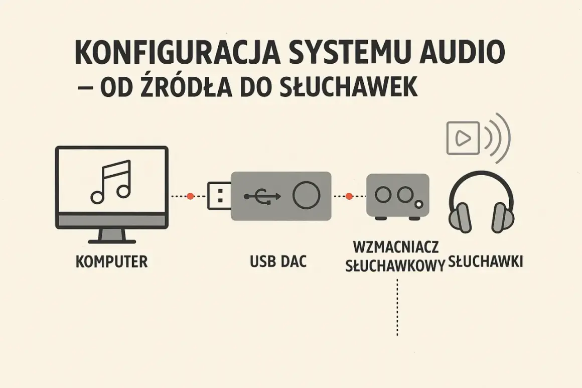 Schemat konfiguracji audio: komputer, USB DAC, wzmacniacz słuchawkowy i słuchawki. THD to parametr jakości dźwięku.