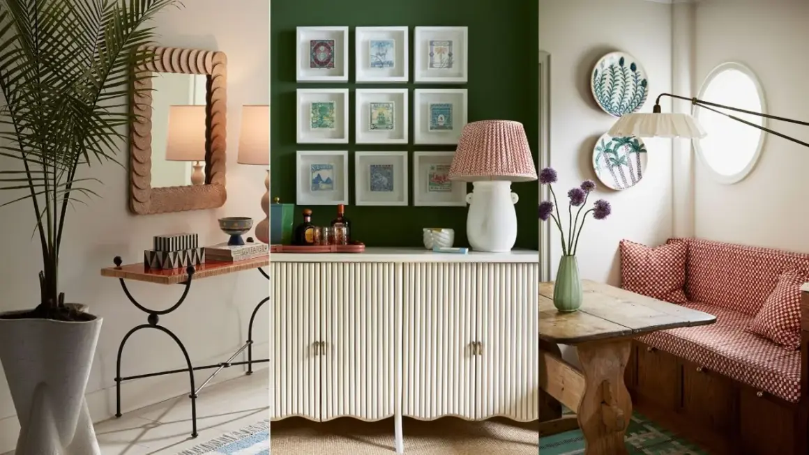 Stylish vignettes offer **empty corner ideas**: a console with a mirror, a cabinet with framed stamps, and a dining nook with decorative plates.