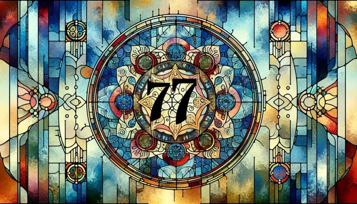 Buntglasfenster mit Mandala und der Zahl 77. Die 77 bedeutung bibel symbolisiert göttliche Vollkommenheit und Erneuerung.