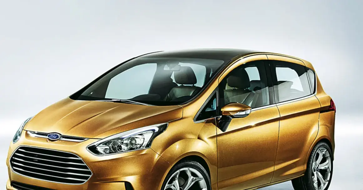 Złoty Ford B-Max z czarnym dachem, prezentujący nowoczesny design i przestronne wnętrze.