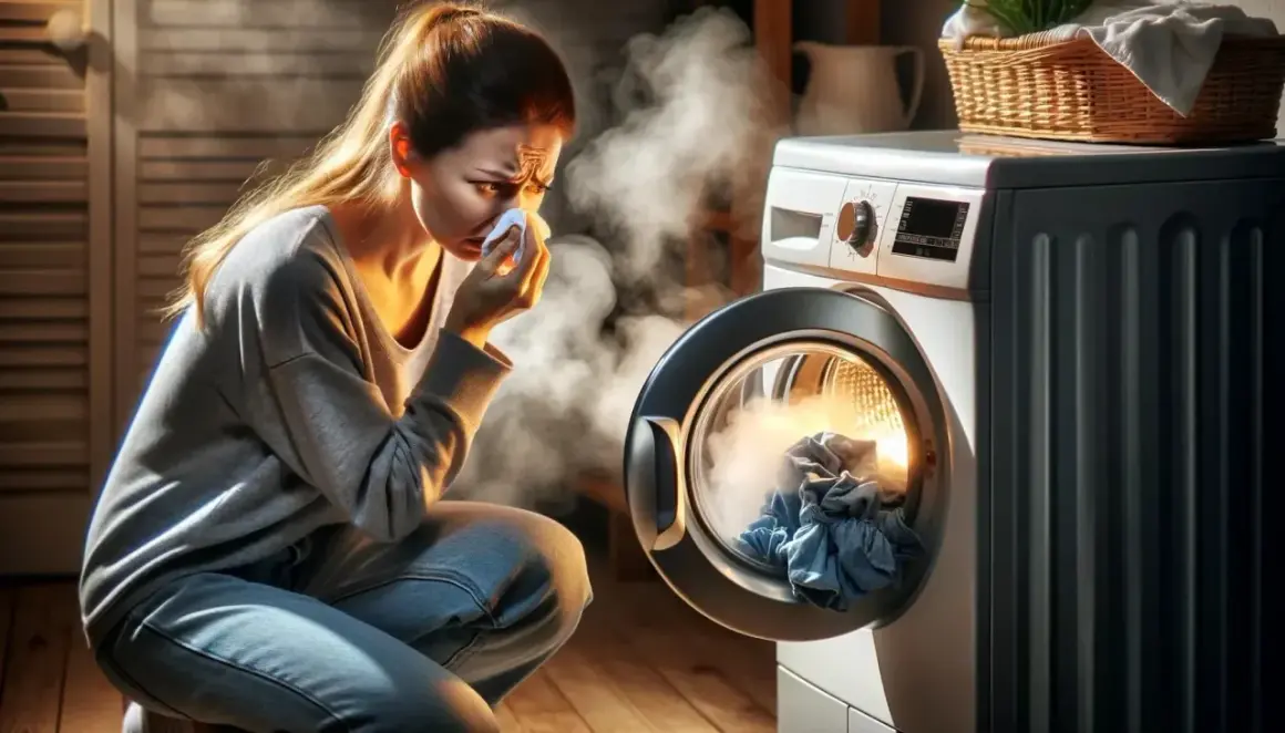 Kobieta w dymie z pralki Electrolux, która potrzebuje czyszczenia bębna.