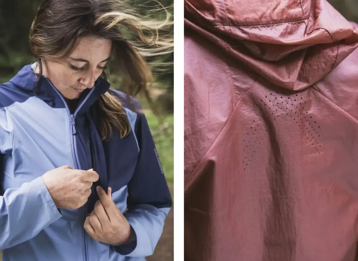 Kvinna med vind i håret drar upp dragkedjan på en ljusblå och mörkblå jacka. Detaljbild visar en rosa jacka med perforeringar. Perfekt för att laga Gore-Tex.