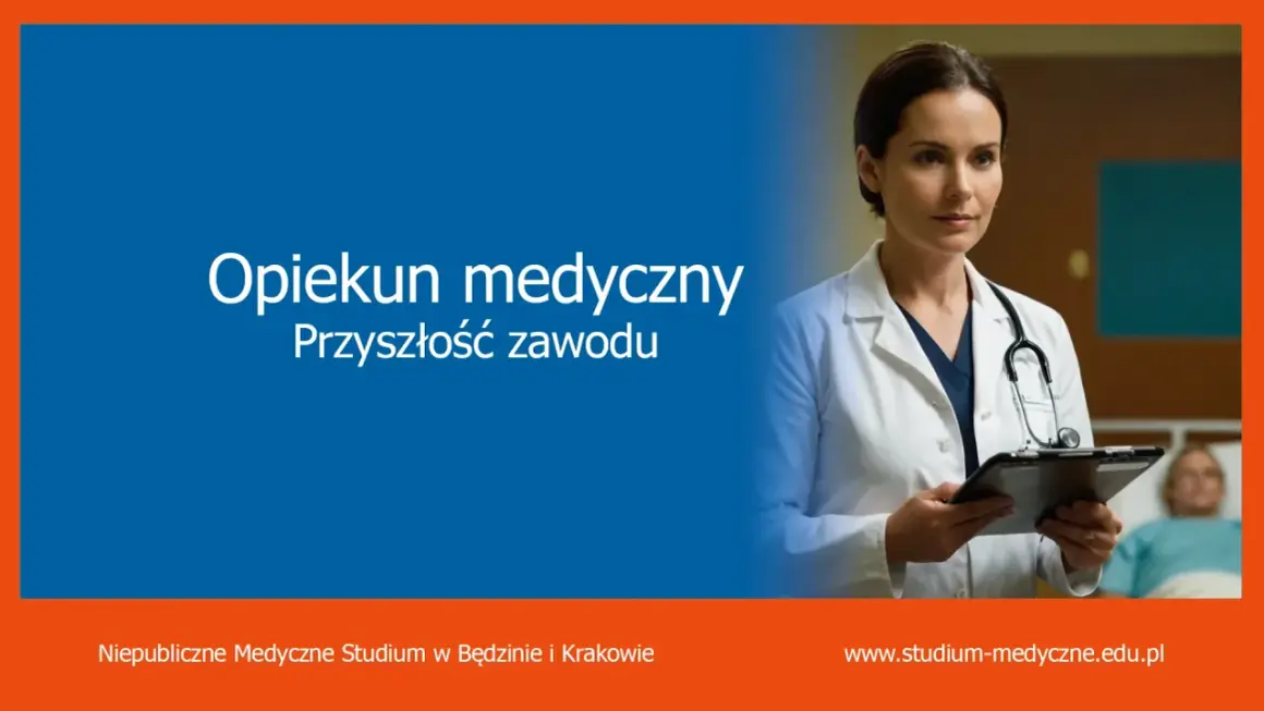 Opiekun medyczny kurs: przyszłość zawodu. Lekarka z dyplomem w ręku i stetoskopem na szyi, w tle pacjent.