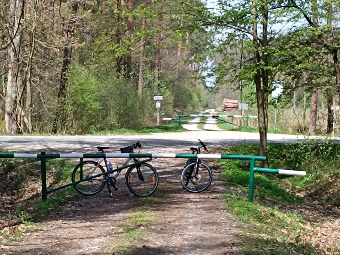 Dwa rowery czekają na odkrycie tras rowerowych Tarnów. Leśna droga zamykana szlabanem zaprasza do przygody.