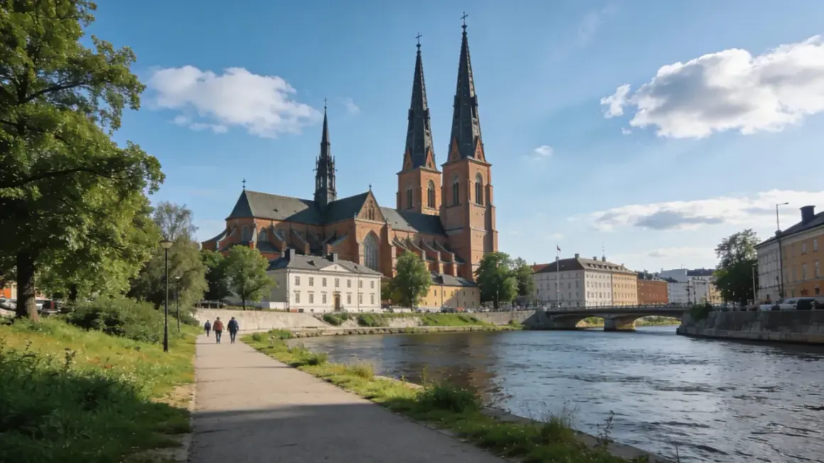 Promenad längs Fyrisån med Uppsala domkyrka i bakgrunden. Perfekt för gratis aktiviteter Uppsala.