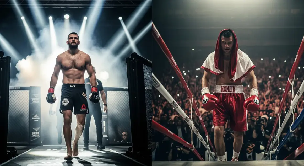 Two boxers enter the ring. The frequency of how often boxers spar varies greatly depending on their training phase.
